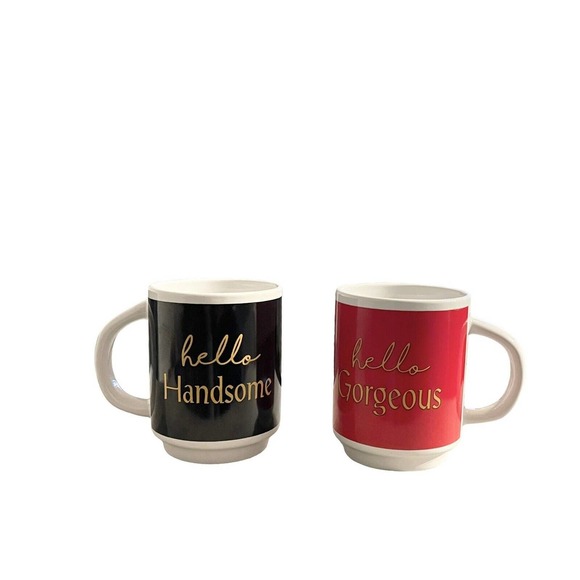 Set of 2 ~ Mugs “Hello Handsome; Hey Gorgeous” Red & Black - Picture 2 of 10